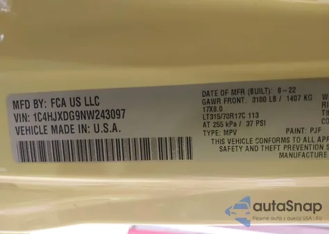 2022 Jeep Wrangler Unlimited High Tide 4X4 z USA, uszkodzony, nr VIN 1C4HJXDG9NW243097